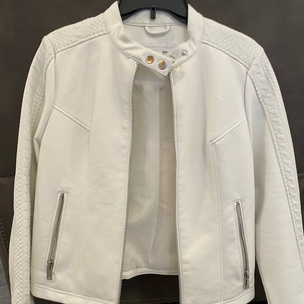 New York & Company White Faux Leather Moto Jacket